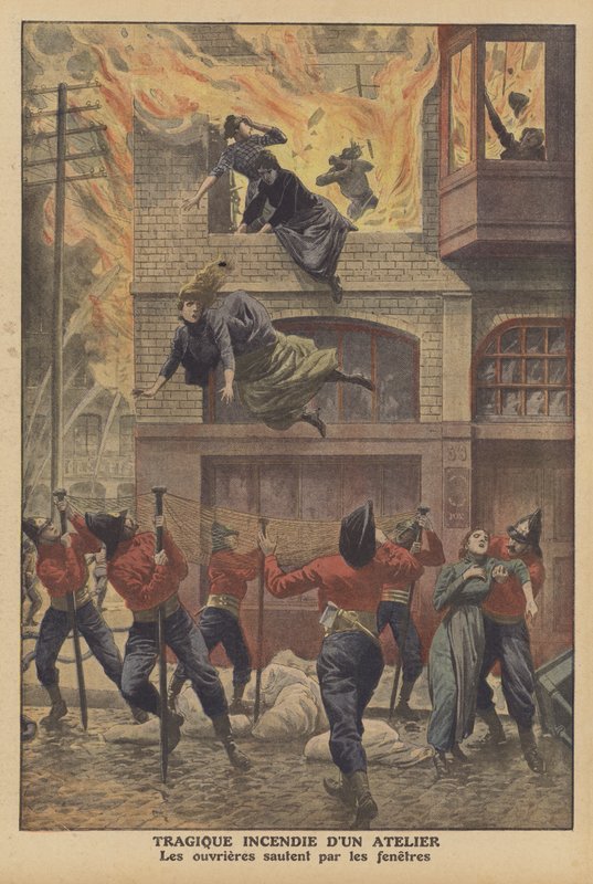Tragisk brand i et værksted i Newark, New Jersey (farve litho) af French School