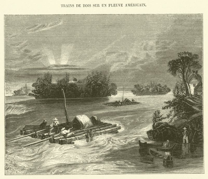 Trætog på en amerikansk flod (gravering) af French School