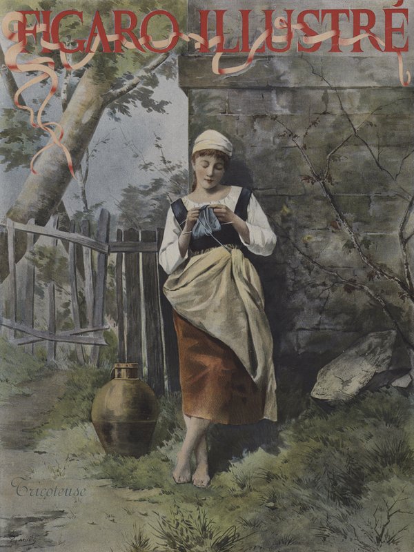 Strikker (Knitter). Forside af Le Figaro Illustre, september 1896 (farve litho) af French School