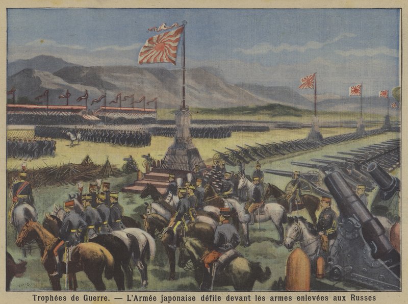 Trofæer af krig: Den japanske hær, der paraderer før russiske våben, der er fanget i den russo-japanske krig (Color Litho) af French School