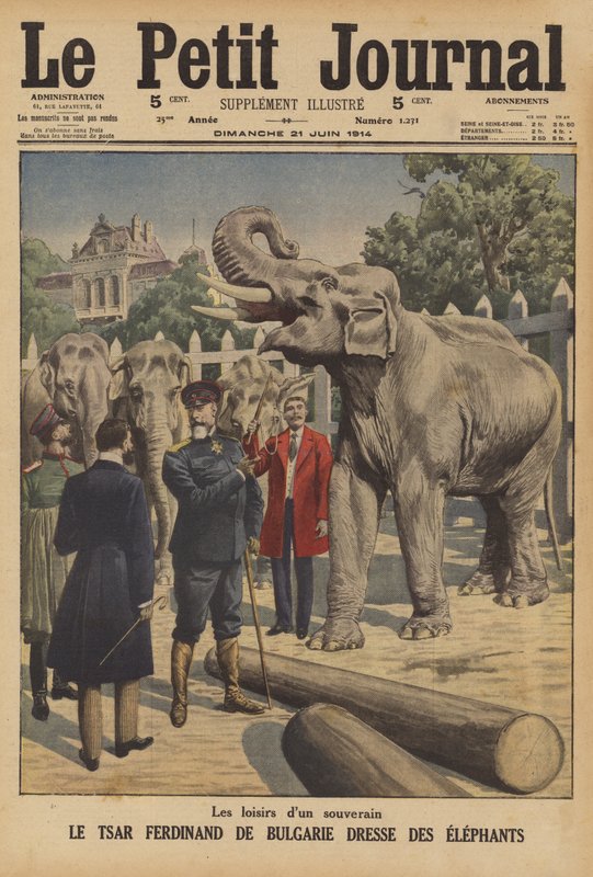 Tsar Ferdinand I af Bulgarien træner elefanter (farve litho) af French School