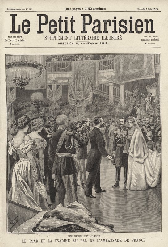 Tsar Nicholas II og tsarina Alexandra deltager i et bal til ære for dem afholdt på den franske ambassade i Moskva efter deres kroning af French School