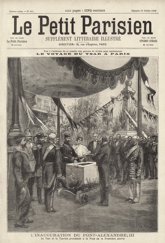 Zar Nicholas II og Tsarina Alexandra af Rusland ved en ceremoni, der lægger den første sten til Pont Alexandre III i Paris under deres besøg i Frankrig af French School