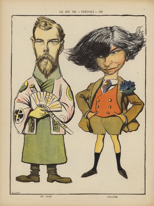 Zar Nicholas II af Rusland og den franske skuespillerinde Polaire. Illustration til Le Rire (farve litho) af French School