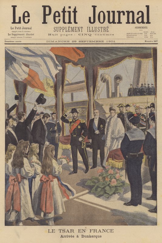 Zar Nicholas II af Rusland ankommer til Dunkerque på sit besøg i Frankrig (farve litho) af French School