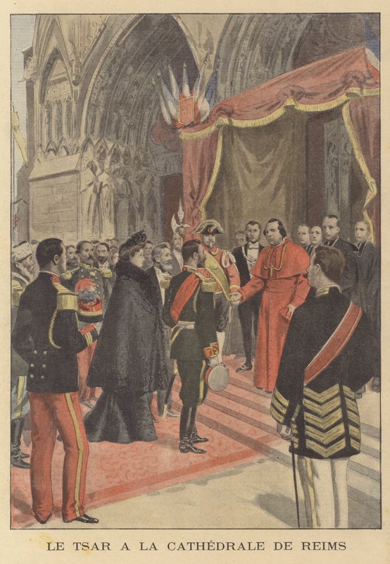 Zar Nicholas II af Rusland ved Reims-katedralen under sit besøg i Frankrig (farve litho) af French School
