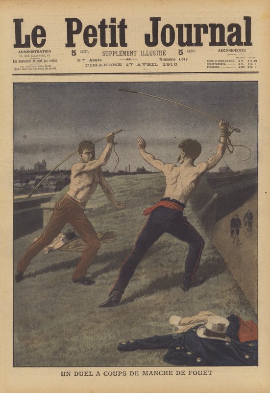 To taxachauffører kæmper en duel med deres hestepiske (farve litho) af French School