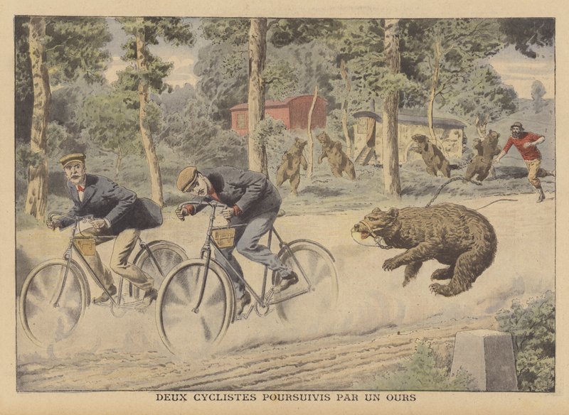 To cyklister jaget af en undsluppen bjørn (farve litho) af French School
