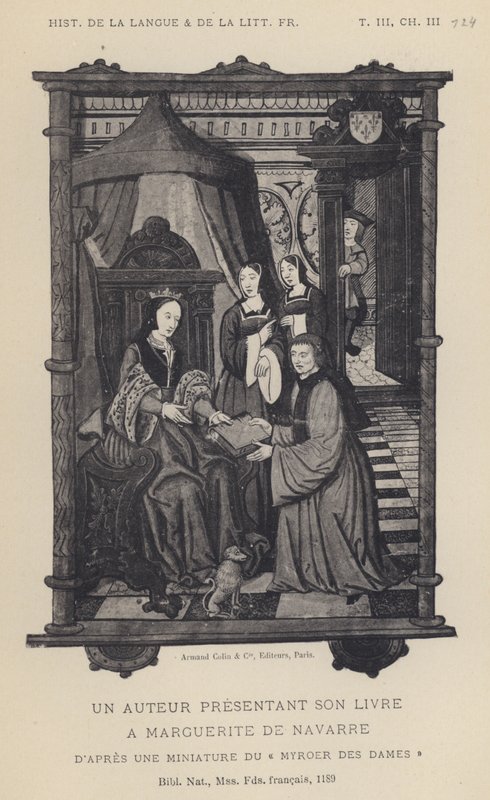 En forfatter præsenterer sin bog for Marguerite De Navarre (litho) af French School