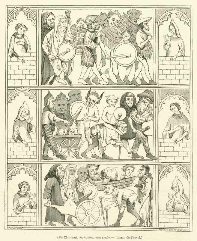 Un Charivari, au quatorzieme siecle, Roman de Fauvel (kobberstik) af French School