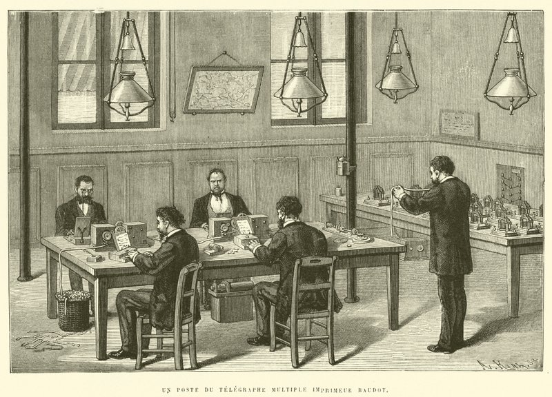 Et indlæg fra multitelegrafprinteren Baudot (gravering) af French School