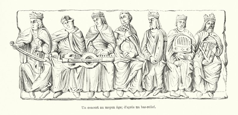 En koncert i middelalderen; fra et basrelief (kobberstik) af French School