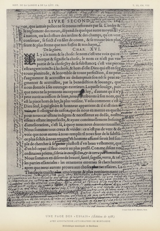 A Page From The Essays, 1588 Edition, med autografannoteringer af Montaigne (litho) af French School