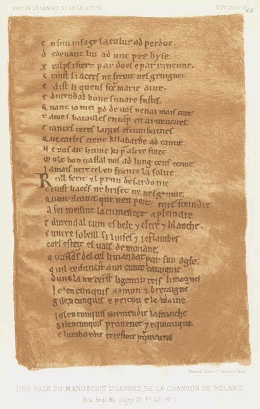 En side fra Oxford-manuskriptet til sangen om Roland (farve litho) af French School