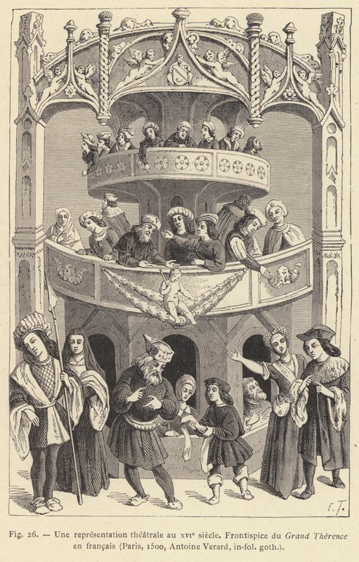 En teaterforestilling i det 16. århundrede (stik) af French School