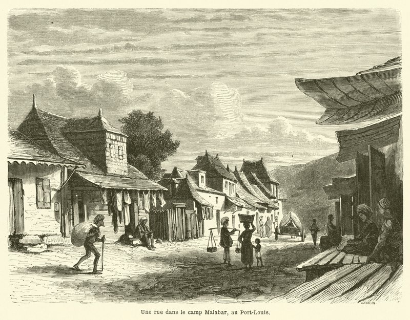En gade i Malabar-lejren i Port-Louis (gravering) af French School