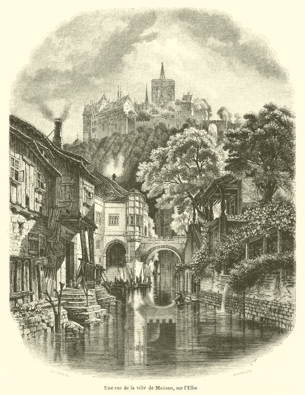 En gade i byen Meissen, ved Elben (gravering) af French School