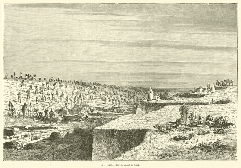 En skyttegrav i Suez-kanalen (gravering) af French School