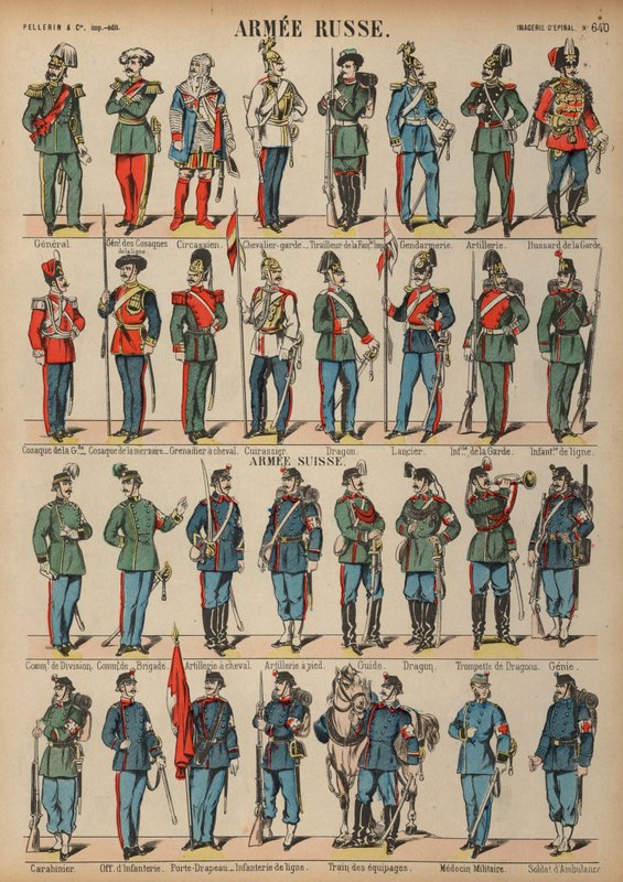 Uniformer af de russiske og schweiziske hære (farvet indgravering) af French School