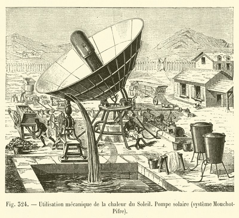 Mekanisk brug af solens varme, solpumpe, Mouchot-Pifre system (gravering) af French School