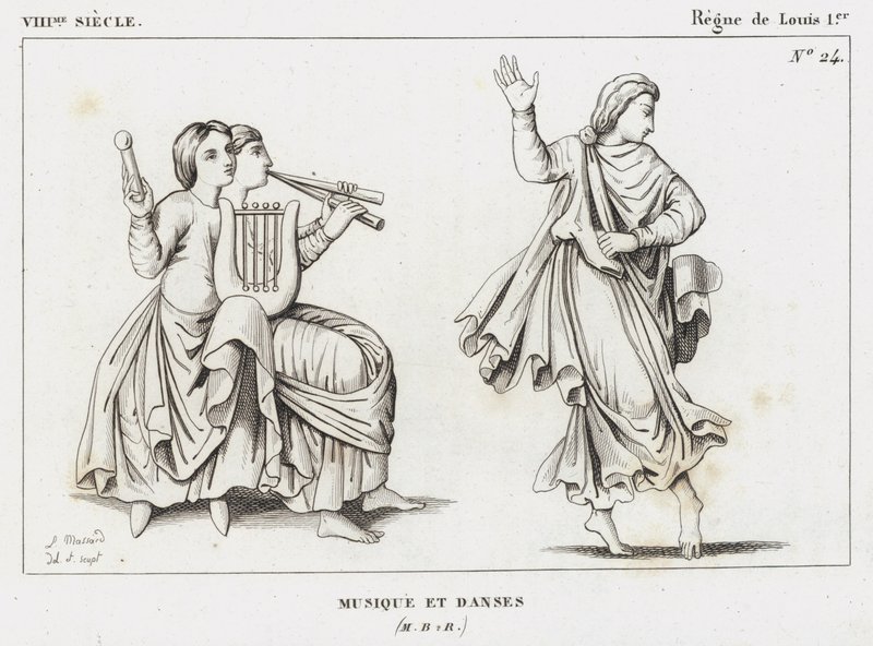 VIII Century, Reign of Louis I, Musik og danse (gravering) af French School