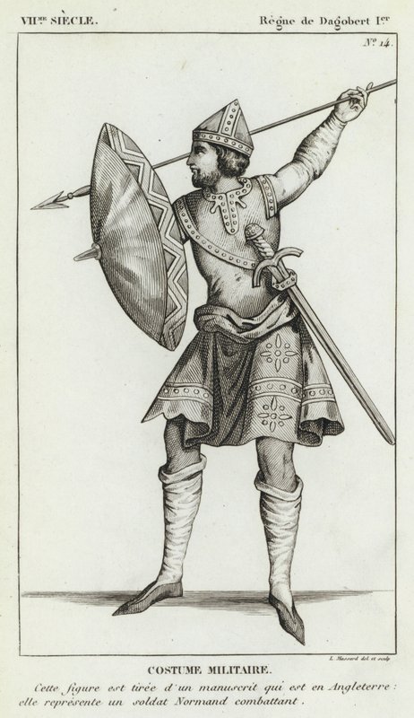 VII Century, Reign of Dagobert I, Militærdragt (gravering) af French School