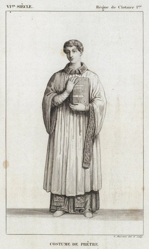 VI Century, Reign of Clotaire I, Præstedragt (gravering) af French School
