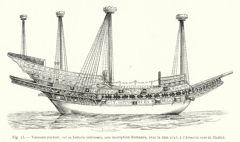 Fartøj med på dets nederste batteri en flamsk inskription, med datoen 1523, ved Armeria real de Madrid (gravering) af French School