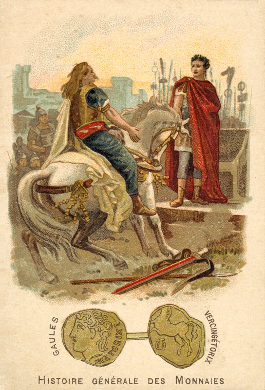 Vercingetorix underkaster sig Julius Cæsar, 52 f.Kr. (chromolith) af French School