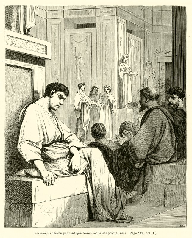 Vespasian sover, mens Nero reciterer sine egne vers (gravering) af French School