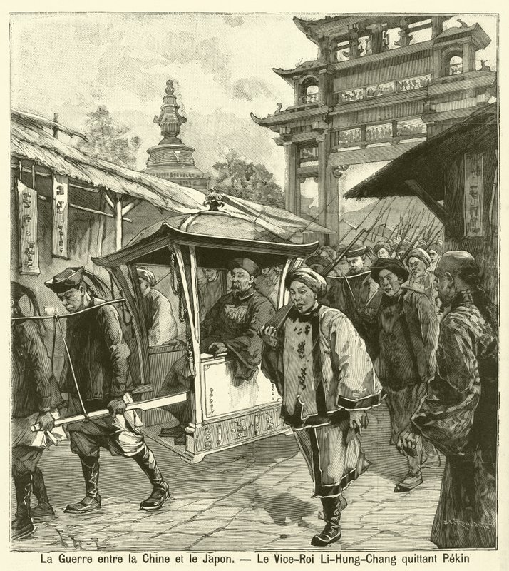 Vicekonge Li Hongzhang forlader Beijing under den første kinesisk-japanske krig (gravering) af French School