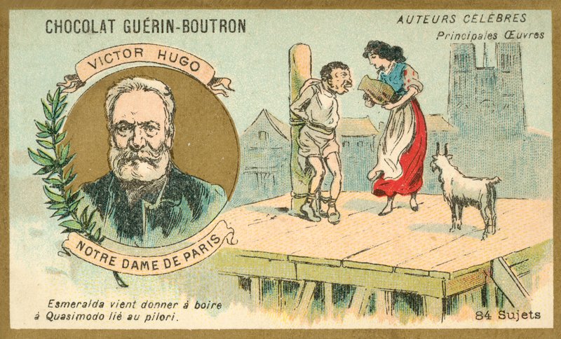Victor Hugo, fransk forfatter, og en scene fra hans roman Notre Dame de Paris (chromolitho) af French School