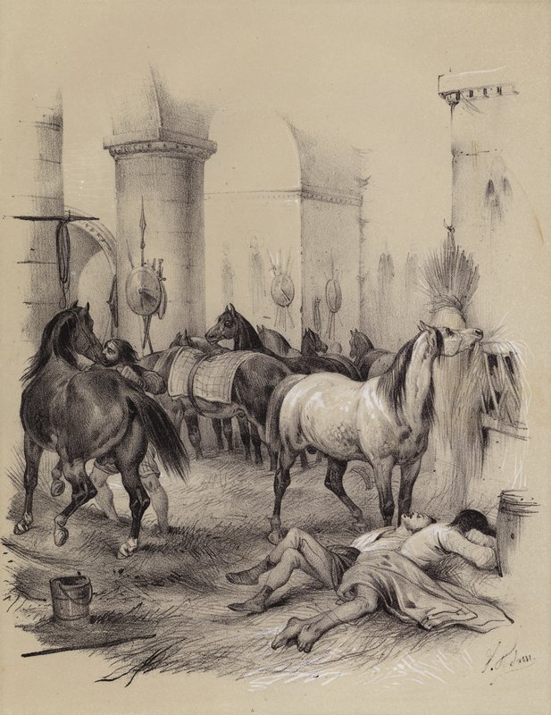 Vikinger bruger Karl den Stores katedral i Aachen som stald, 882 (litho) af French School