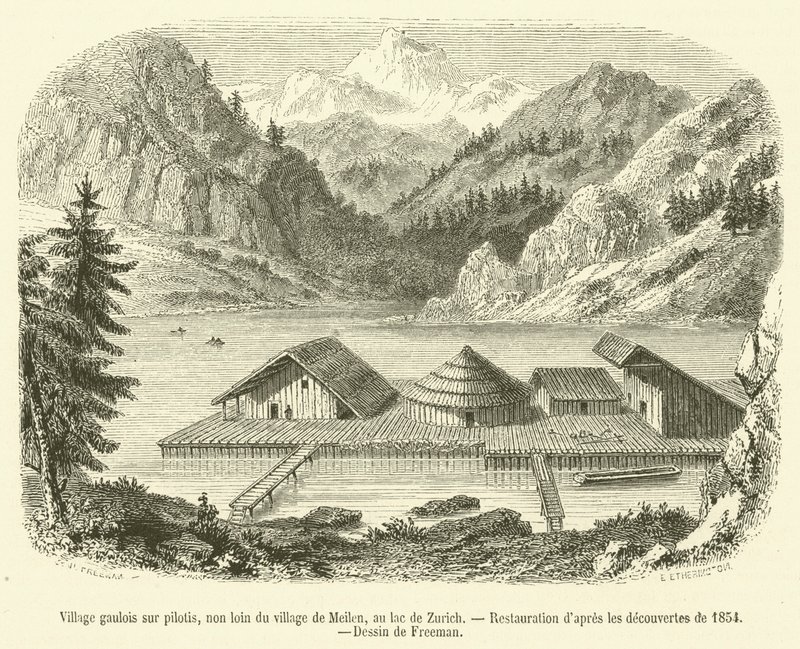 Gallisk landsby på pæle, ikke langt fra landsbyen Meilen, ved Zürich-søen (gravering) af French School