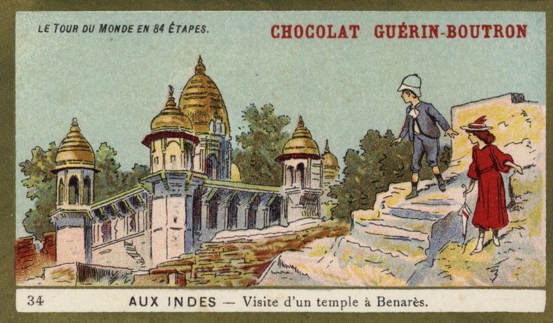 Besøg i et tempel i Benares, Indien (chromolitho) af French School