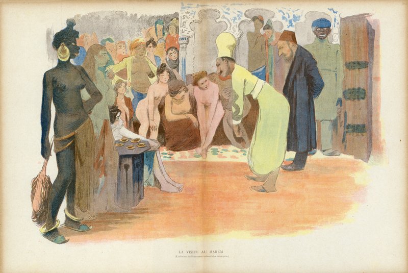 Besøg i Harem, Illustration til Le Rire (farve litho) af French School