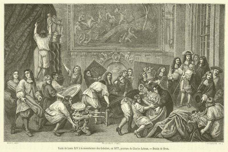 Besøg af Louis XIV til Manufacture des Gobelins, i 1677 (gravering) af French School