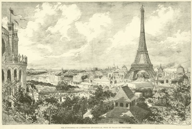 Overordnet udsigt over den universelle udstilling, taget fra Trocadero-paladset (gravering) af French School