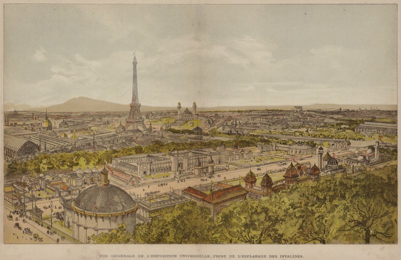 Generelt billede af den universelle udstilling, taget fra Esplanade des Invalides (farvet indgravering) af French School