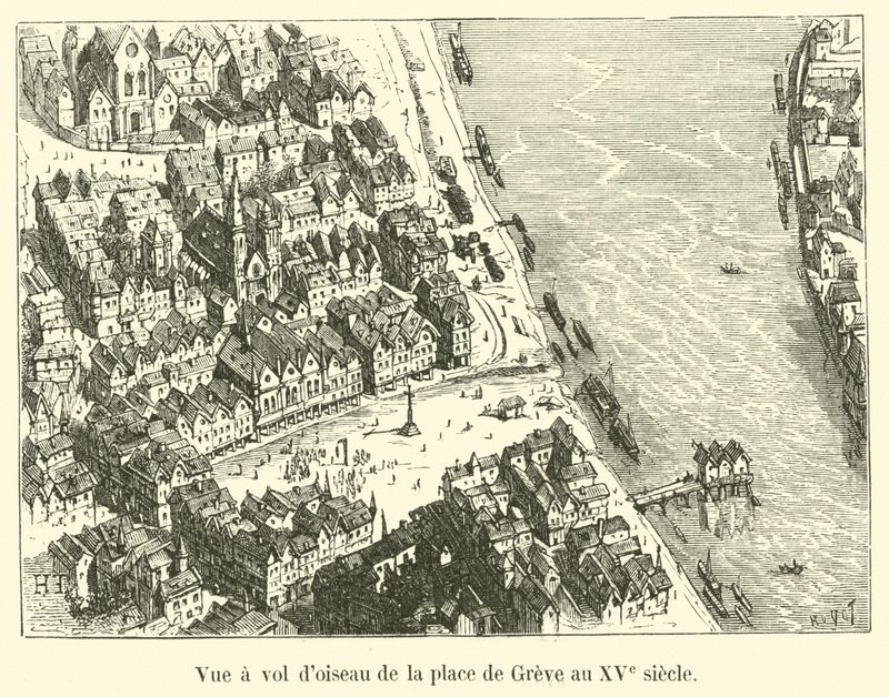 Fugleperspektiv af Place de Greve i det 15. århundrede af French School