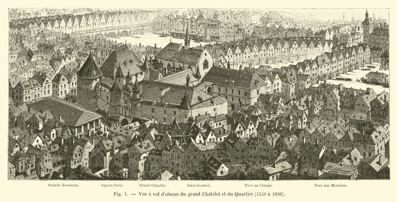 Fugleperspektiv af Grand Chatelet og Quartier, 1550 til 1696 af French School