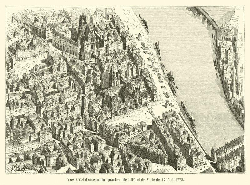 I fugleperspektiv af Hotel de Ville-distriktet fra 1765 til 1778 af French School