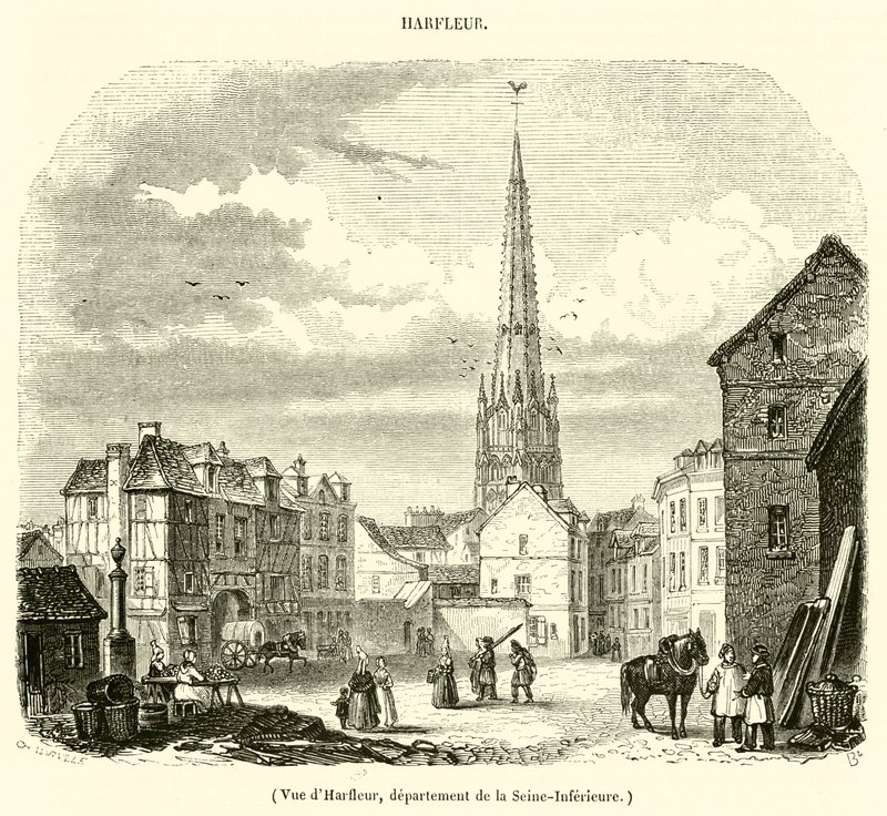 Udsigt over Harfleur, afdeling Seine-Inferieure (gravering) af French School