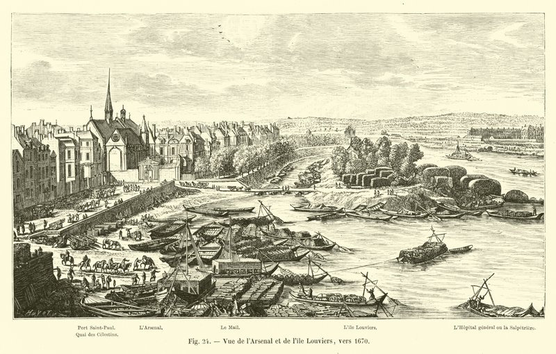Udsigt over Arsenal og Louviers Island, omkring 1670 af French School