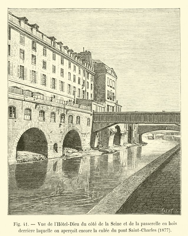 Udsigt over Hôtel-Dieu fra siden af ​​Seinen og trægangbroen, bag hvilken vi stadig kan se støtten til Saint-Charles-broen, 1877 af French School