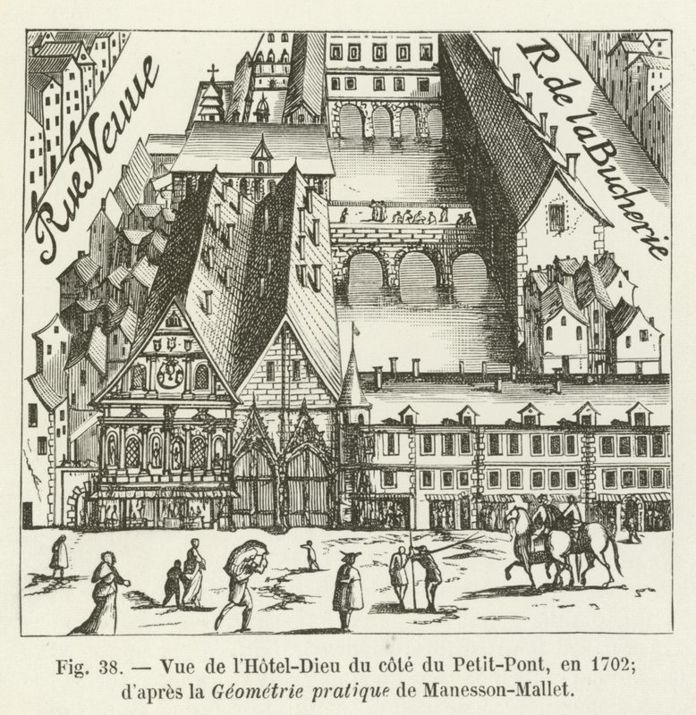 Udsigt over Hôtel-Dieu fra Petit-Pont-siden, i 1702; ifølge Manesson-Mallets praktiske geometri af French School