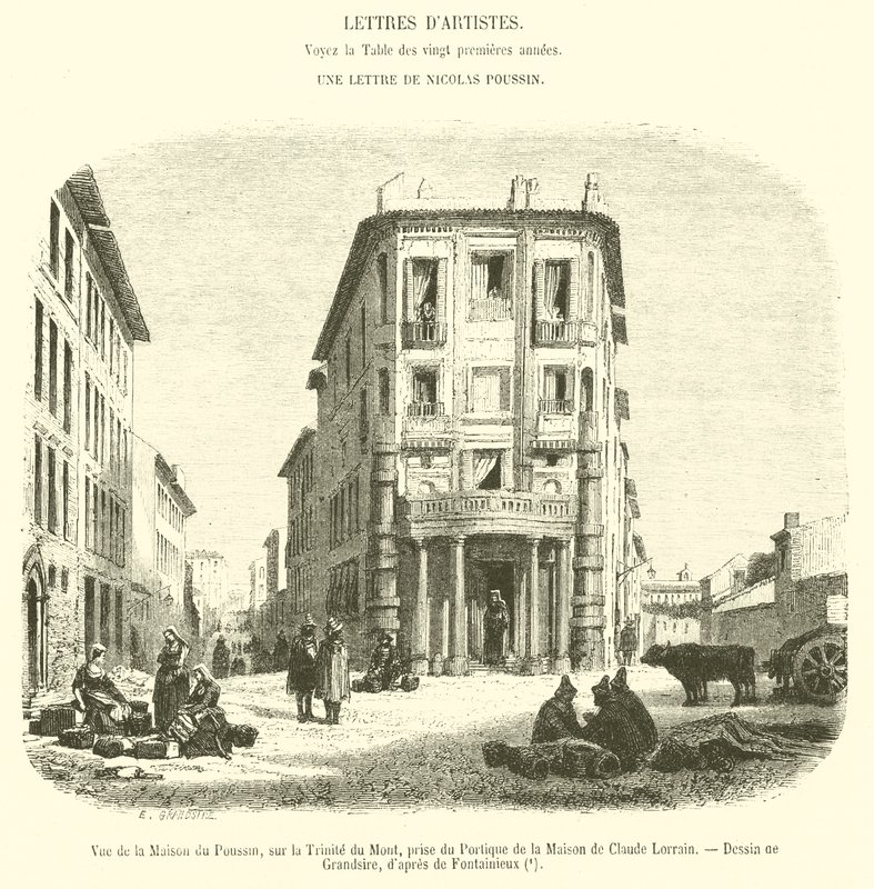 Udsigt over Maison du Poussin, på Trinite du Mont, taget fra Portico af House of Claude Lorrain (gravering) af French School