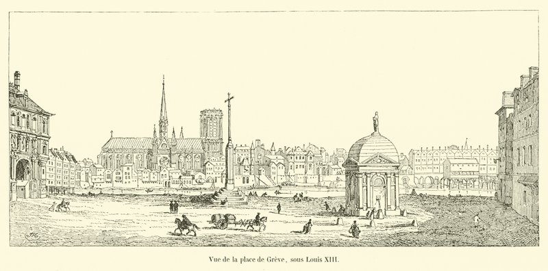 Udsigt over Place de Greve under Ludvig XIII af French School