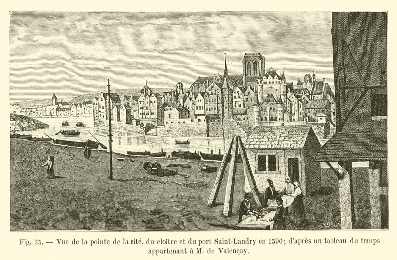 Udsigt over spidsen af ​​byen, klosteret og Saint-Landry-havnen i 1590; fra en tidsplan tilhørende M de Valencay af French School