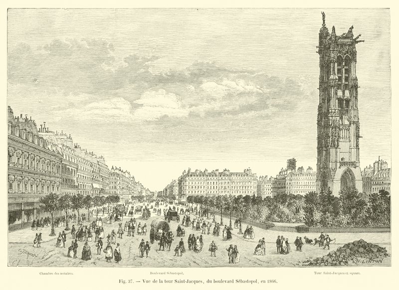 Udsigt over Tour Saint-Jacques fra Boulevard Sebastopol i 1866 af French School